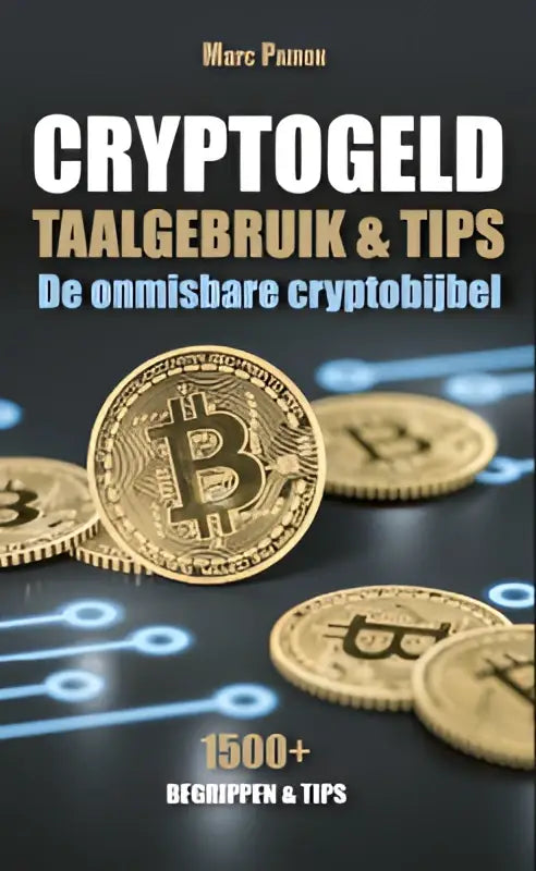 Het boek cryptogeld taalgebruik en tips toont een goudkleurige bitcoin munt omringd door soortgelijke munten op een donkere achtergrond