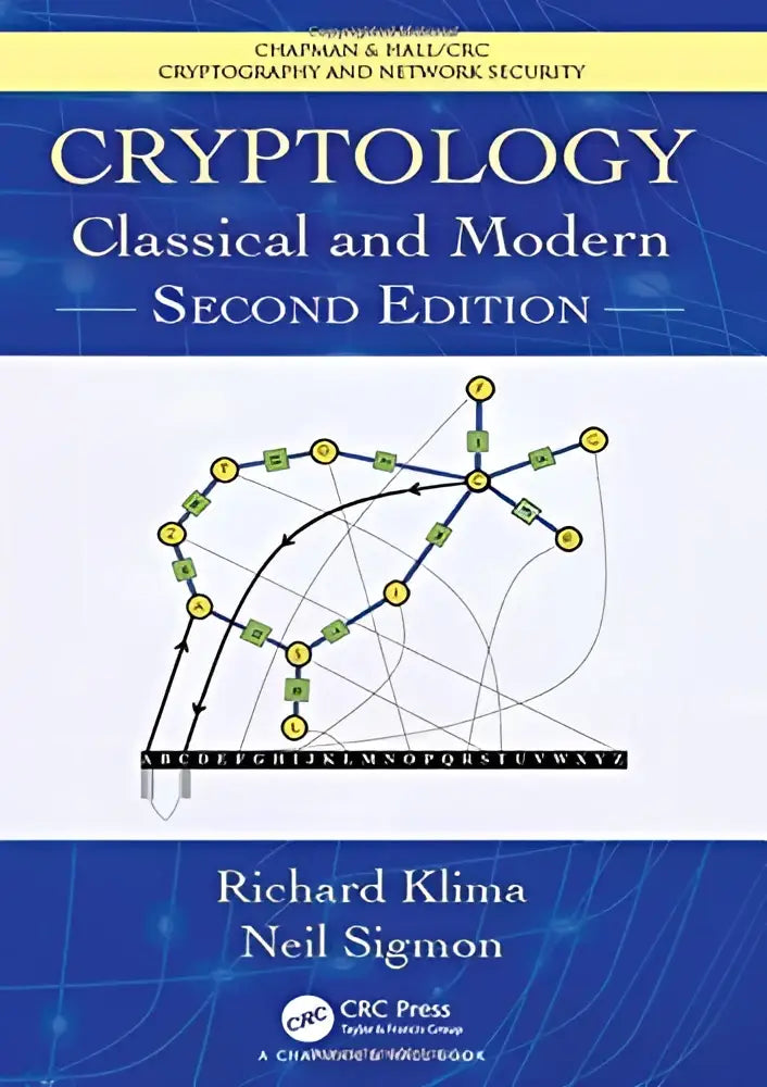 Blauw-wit hardcover leerboek cryptography classical and modern tweede editie door richard klima en neil sigmor over cryptologie