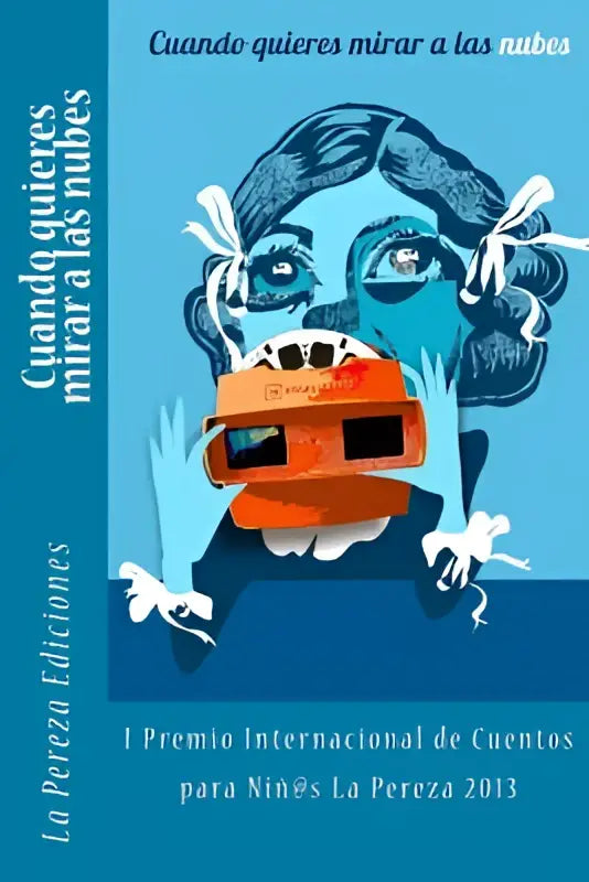 Een levendige oranje 3d-bril met zwarte lenzen gedragen door een gestileerd blauw gezicht op cuando quieres mirar