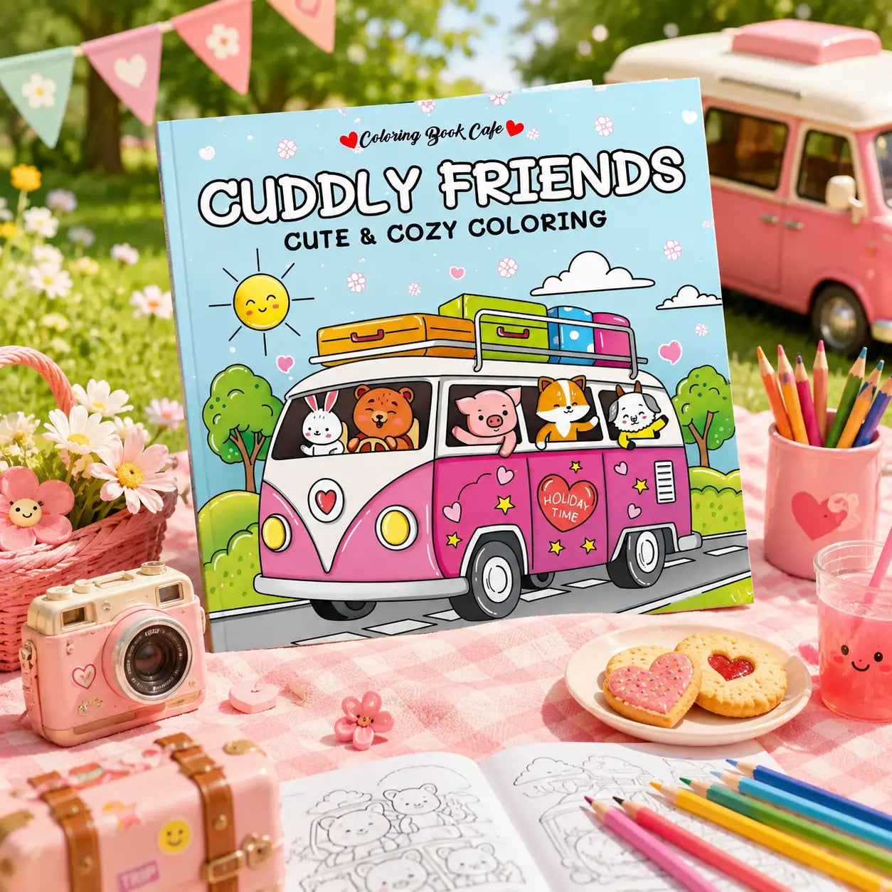 Illustratie van een roze-witte vintagebus op het kleurboek cuddly friends met kawaii dieren en cozy colouring book thema