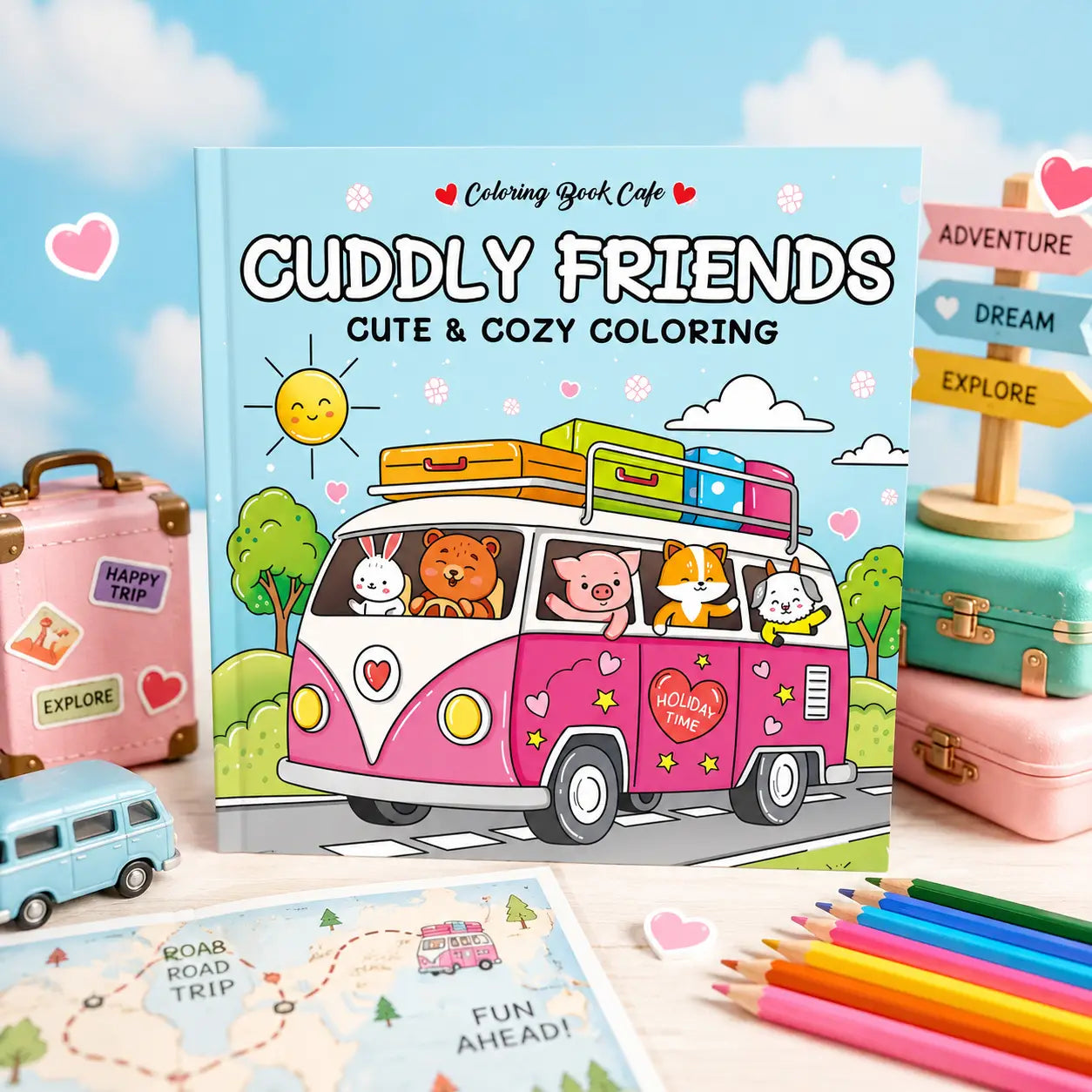 Roze en witte vintage bestelwagen kleurboek cuddly friends met kawaii dieren, een cozy colouring book voor kinderen