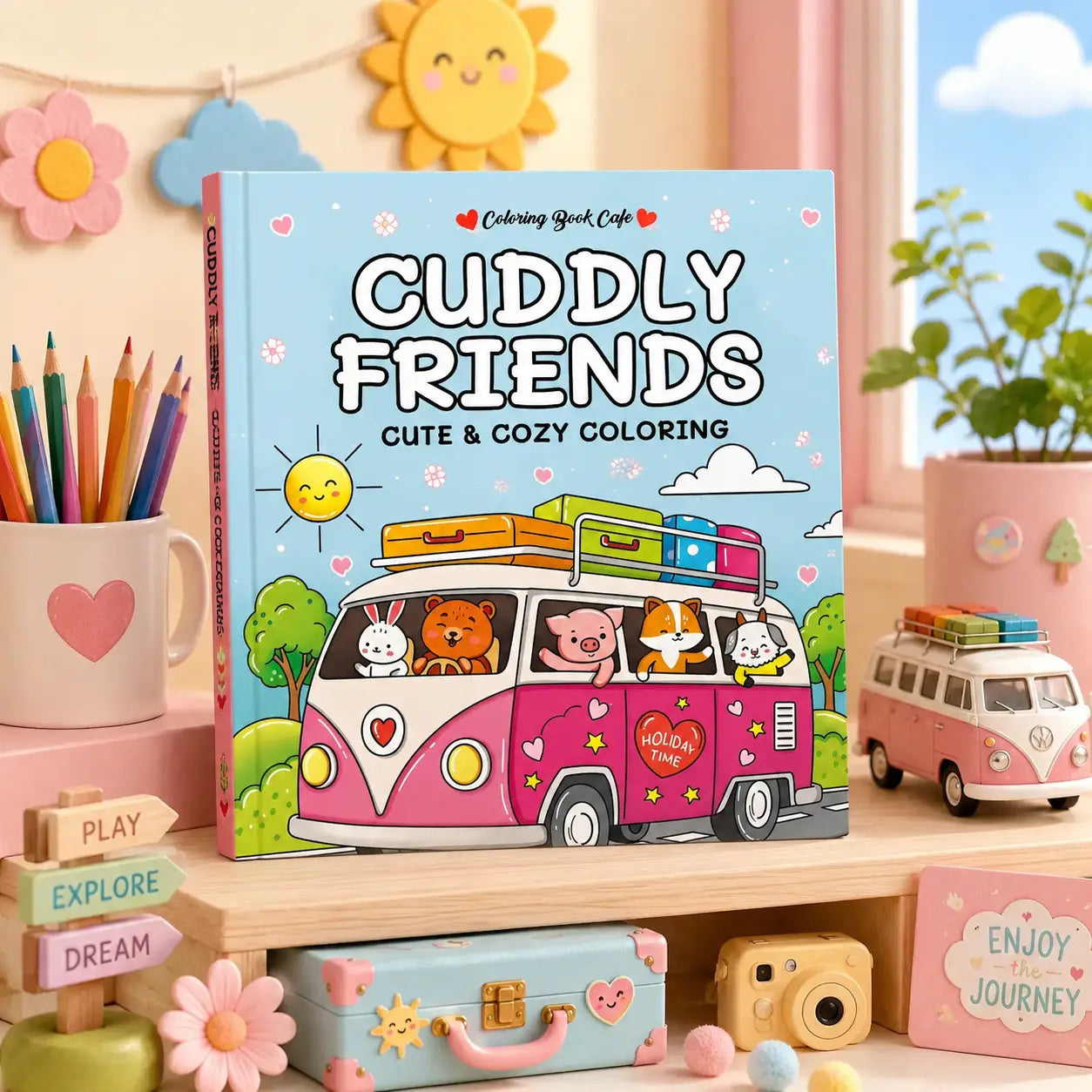 Cuddly friends kleurboek met kawaii dieren en een roze witte bus op de cover in een cozy colouring book stijl