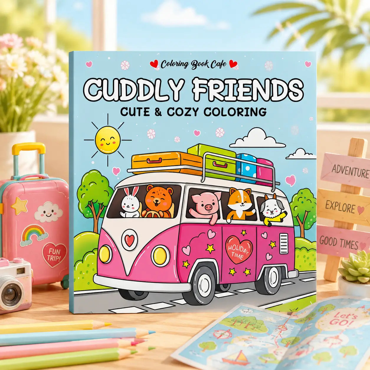 Pink vintage-stijl busje met kawaii dieren en kleurrijke bagage voor cuddly friends kleurboek cozy colouring book cover