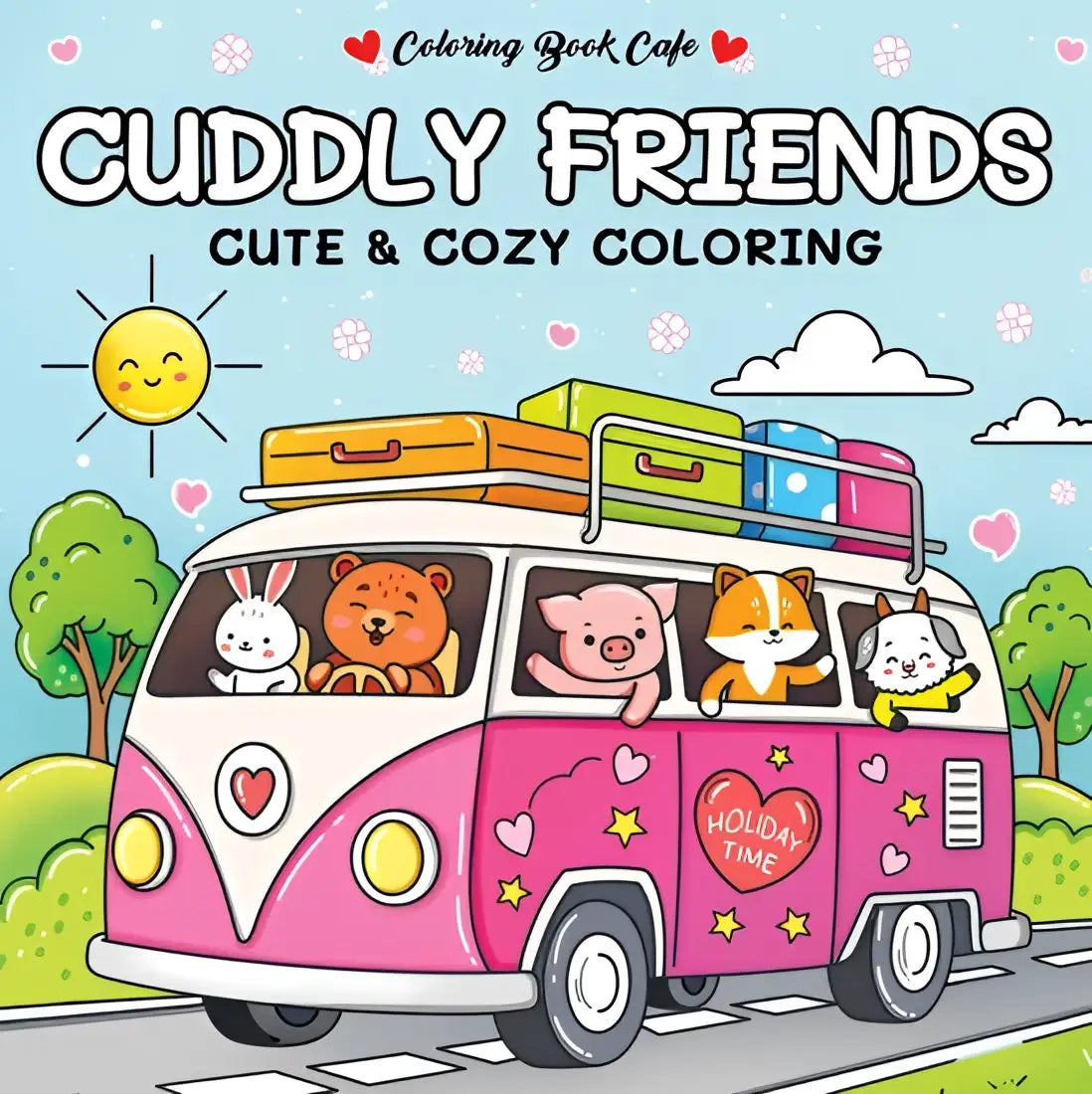 Cuddly friends kleurboek met roze volkswagenbusje en schattige dieren voor een gezellige kleurochtend