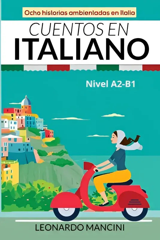 Een levendige rode scooter met glanzende afwerking en zwarte accenten voor cuentosen italiano nivel a2-b1 met ocho historias ambientadas