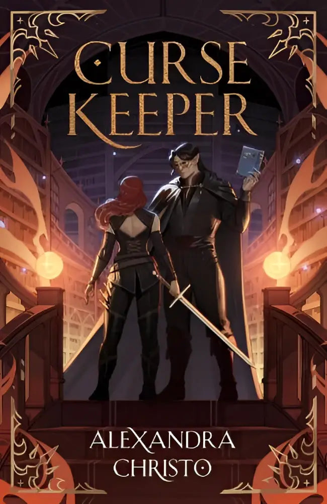 De cover van het boek cursekeeper door alexandra christo toont twee personages in donkere fantasy romance-kleding op een trap van michael joseph