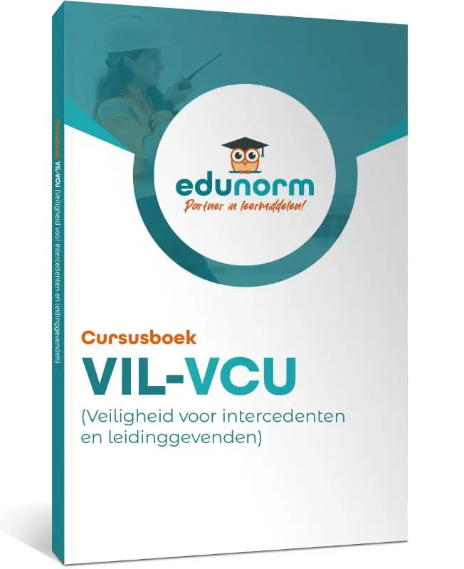 Teal en wit hardcover cursusboek vil-vcu van edunorm voor educatief gebruik in professionele opleidingen