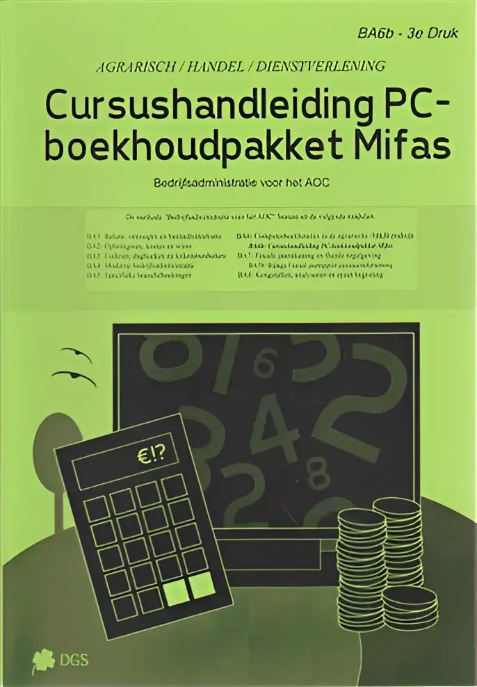 Groen omslagen cursushandleiding pc-boekhoudpakket mifas met zwarte rekenmachine en muntenillustraties op voorkant