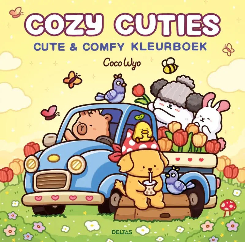 Charmant kleurboek comfy kleurboek coco wyo met schattige dieren in een blauw vrachtwagentje omgeven door tulpen en vlinders