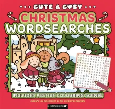 Een gezellige christmas wordsearches boek voor year olds met kleurrijke illustraties en een puzzelrooster op de voorkant