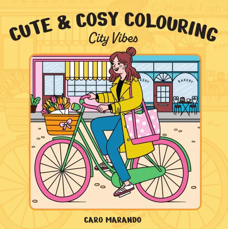 Vrouw op groene fiets draagt een gele regenjas met roze bies in cosy colouring met city vibes thema