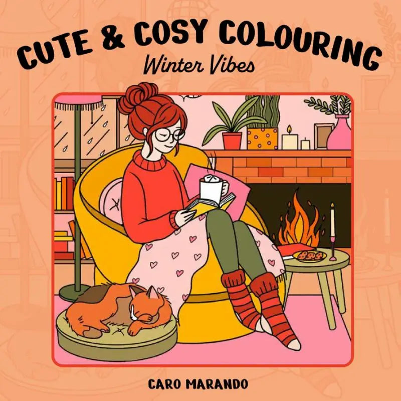 Cute & cosy colouring winter vibes boek met warme illustratie van vrouw in oranje trui bij de open haard