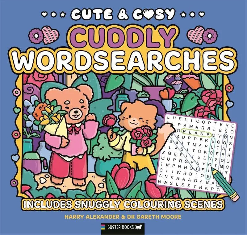 Cute & cosy cuddly wordsearches boek met twee teddyberen en kleurrijke puzzelpagina voor ontspanning