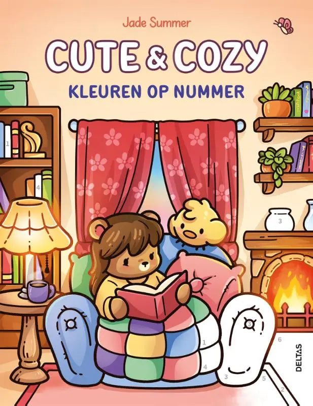 Cute en cozy kleuren op nummer kinderenboek van jade summer met beer en eend op kleurrijk gestreept deken deltas chantecler
