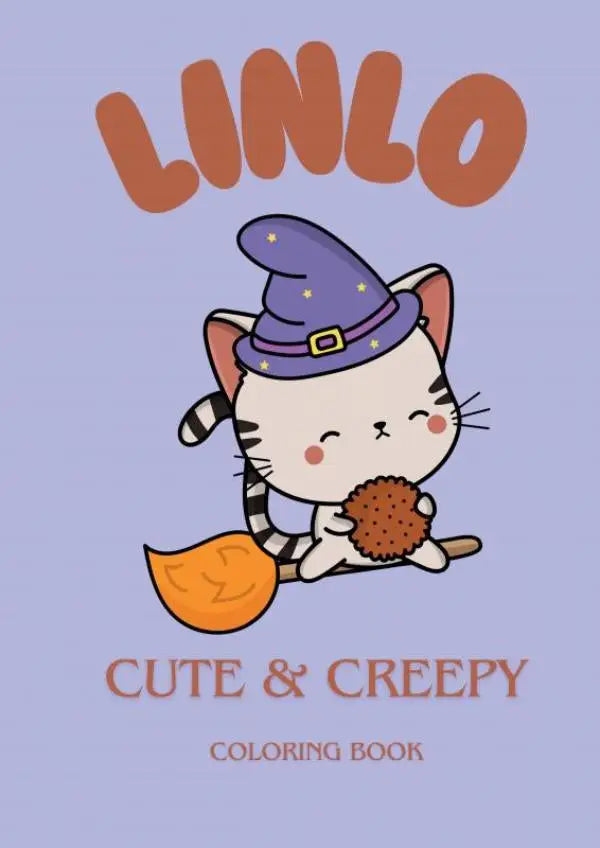 Schattige halloweenkleurplaat met een cartoonkat in een paarse heksenhoed op een oranje bezemsteel voor cute halloween coloring pages