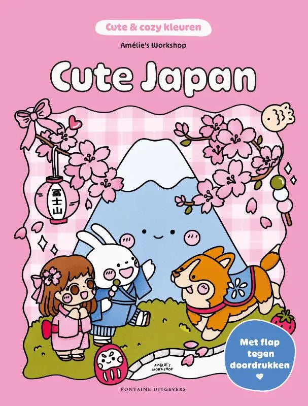 Roze activityboek cute japan met cartoon van mount fuji, kersenbloesem, meisje in roze en oranje hond