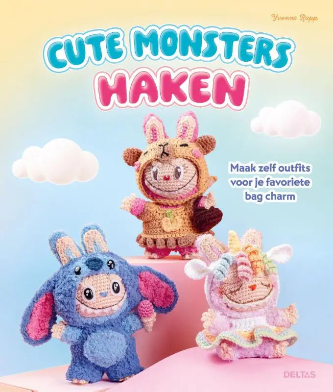 Gekleurde pluche gehaakte schattige monsters haken met diverse vrolijke monsterfiguren in kleurrijke outfits