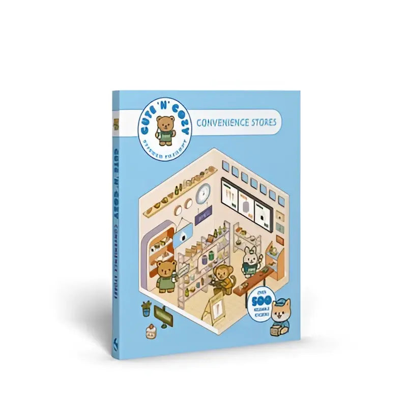 Blue-covered cozy sticker therapy book featuring cute n cozy illustrated convenience store with cartoon bears