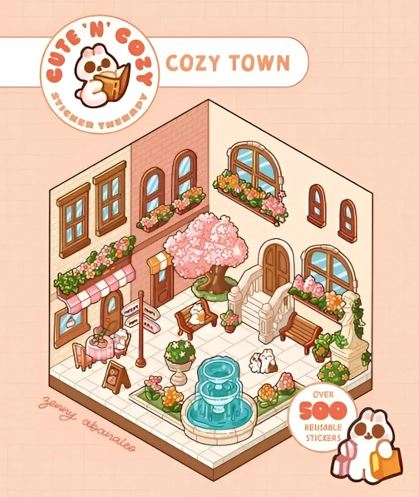 Cozy sticker therapy met charmante roze bakstenen gebouw en fontein in isometrische cozy town sticker set