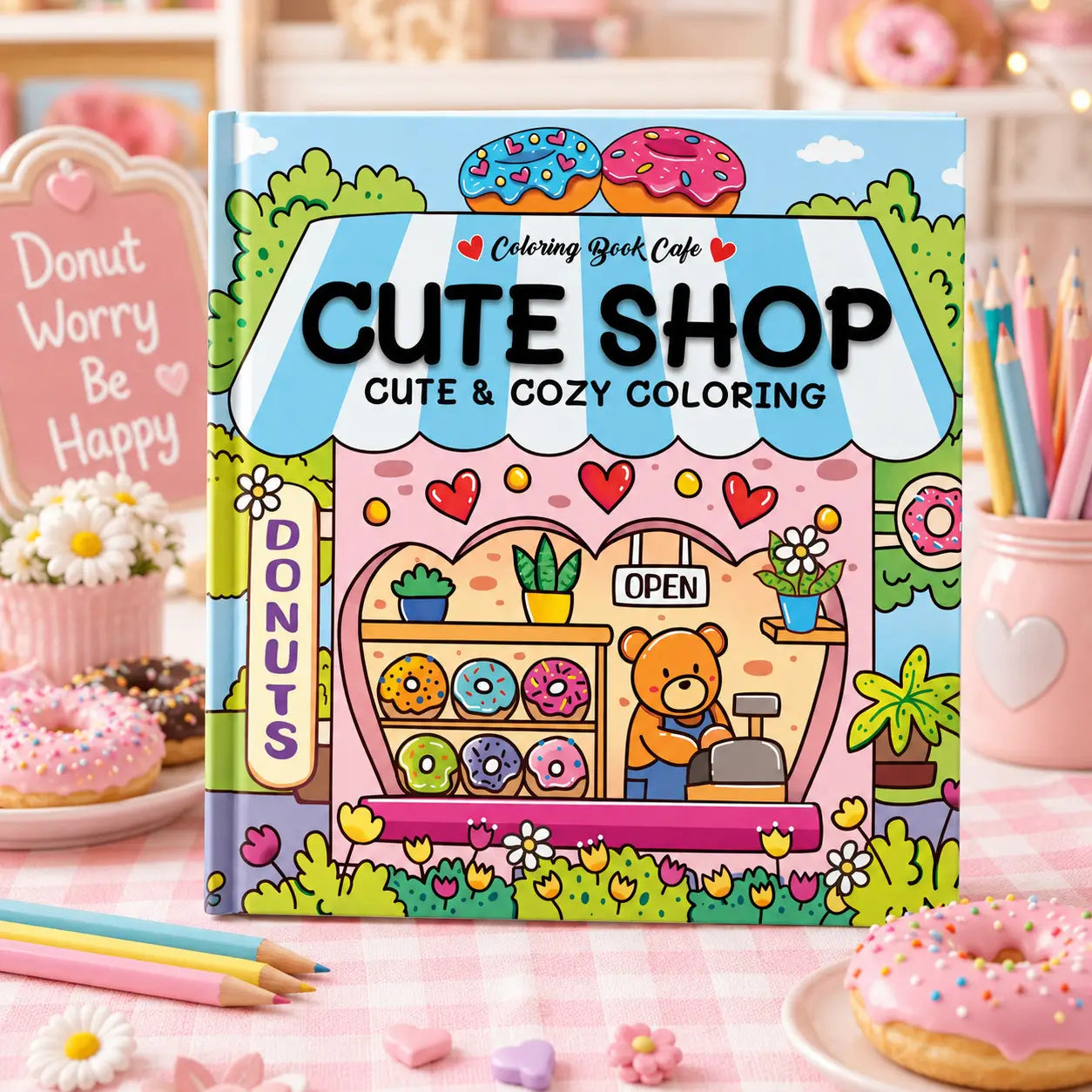 Kleurrijk cute shop kleurboek met kawaii illustraties van donutwinkel en teddybeer in een cozy colouring book formaat