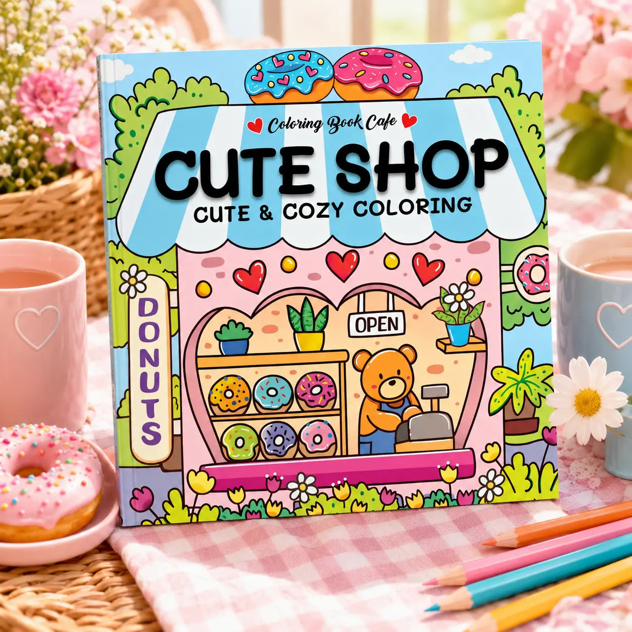 Cute shop kleurboek met pastelroze en blauwe kaft en kawaii illustraties van een donut café voor een cozy colouring book