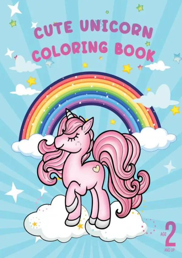 Cute unicorn coloring book met roze cartoon eenhoorn op een wolk en regenboog achtergrond voor kinderen