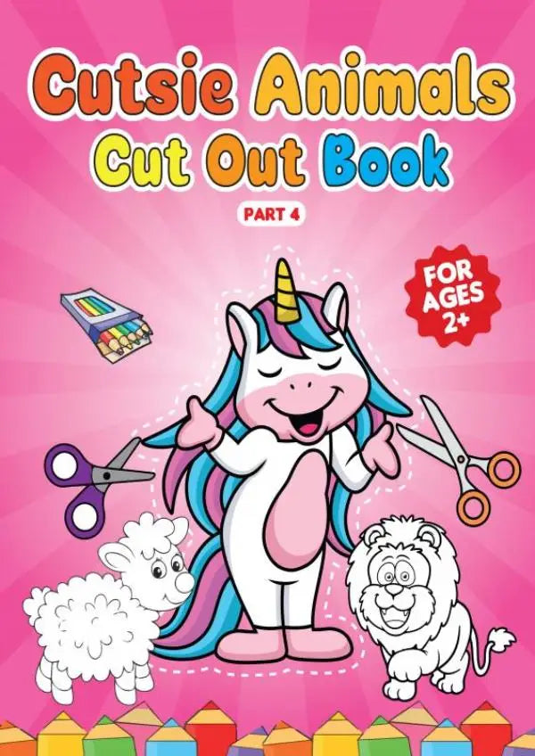 Een vrolijke cartoon eenhoorn met regenboogmanen en roze schoenen op de cover van een cutsie animals uitknippen boek