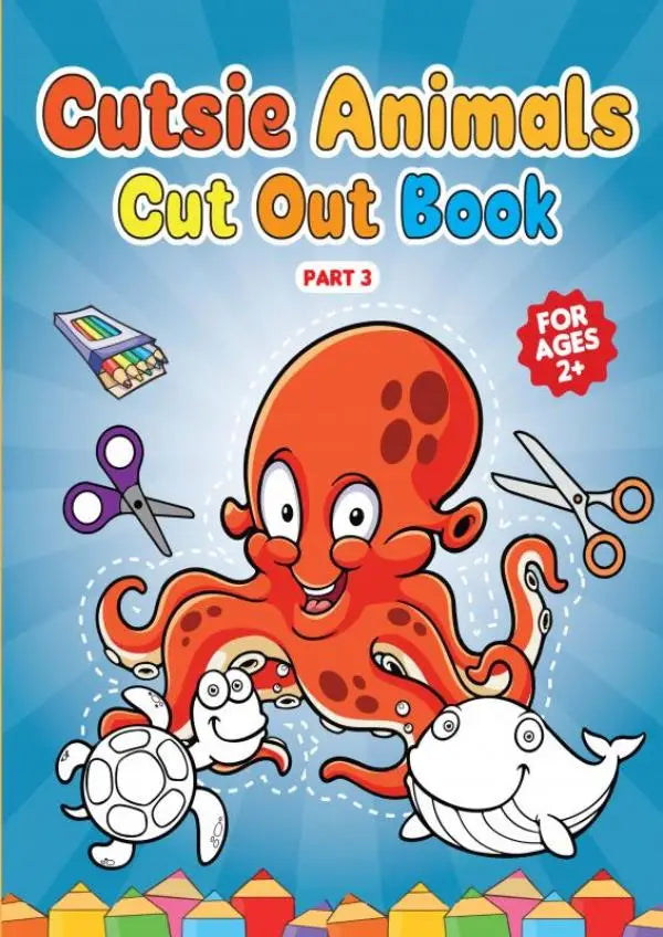 Bright orange cartoon octopus with brown spots smiling surrounded by cut-out animals in cutsie animals uitknippen boek