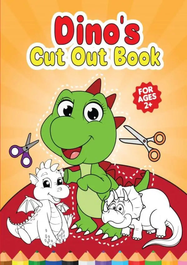 Groene cartoon dinosaurus op de cover van cutsie animals dino cut out book uitknippen boek voor 2 plus