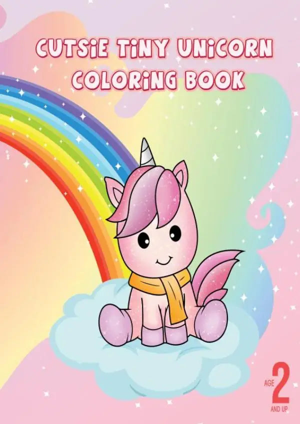 Pink cartoon unicorn met zilveren hoorn en gele sjaal zittend op wolk tegen regenboog in cutsie tiny unicorn kleurboek