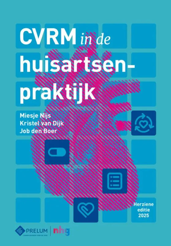 De cover van cvrm in de huisartsenpraktijk toont een roze gestileerd hart met kruislingse details op een felblauwe achtergrond voor geneeskunde algemeen