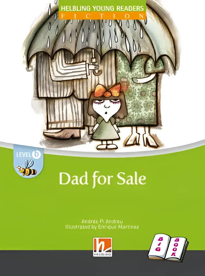 Groene kaft Dad for sale door Andres Pi Andreu met meisje onder paraplu