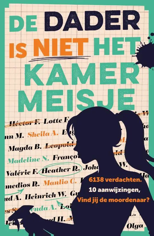 De dader is niet het kamermeisje boekomslag met kleurrijke tekst in teal en oranje op een rasterachtergrond met auteursnamen