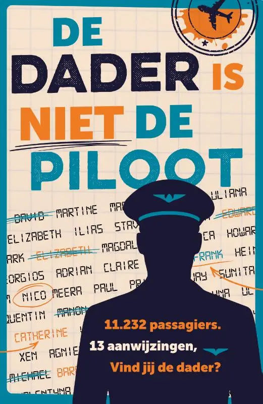 Het boek de dader is niet de piloot toont bold kleurrijke tekst en een donkere silhouet van een piloot in een puzzel thriller van côme delaurean