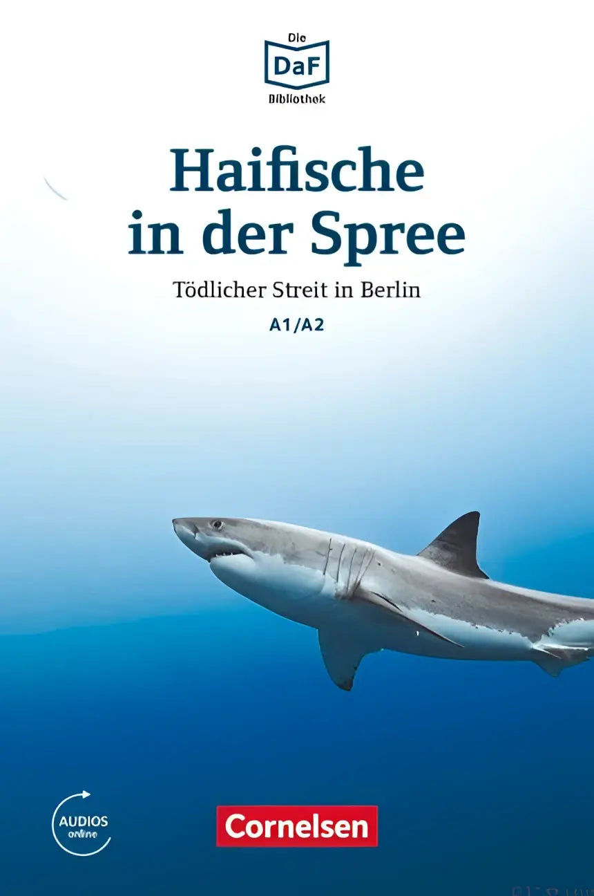 Een grijze haai zwemt in diepblauw water op de omslag van het duits leerboek die daf-bibliothek niveau a1-b1