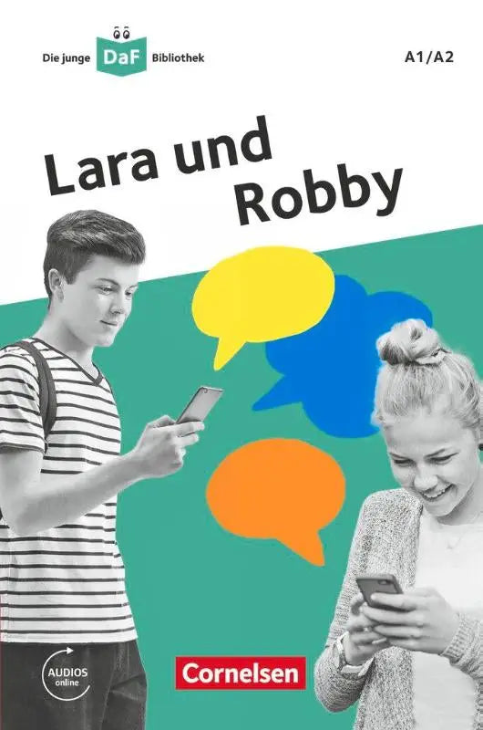De a1/a2 taalleerboek lara und robby uit die junge daf bibliothek toont zwart-wit illustraties van tieners met smartphones tegen een turquoise achtergrond