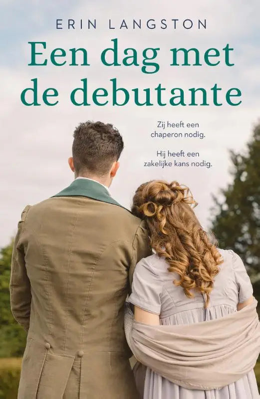 De boekcover van een dag met de debutante toont een man en vrouw in tijdperk kleding met titel en auteur erin langston