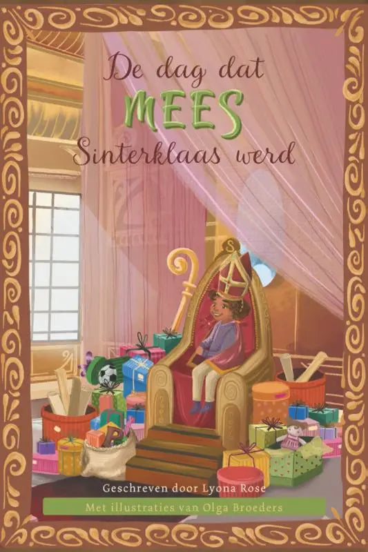 Een jonge lezer zit op een gouden troon met rode kussens omringd door kleurrijke cadeaus in mees sinterklaas