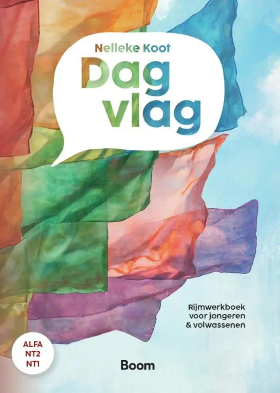 Dag vlag rijmwerkboek met kleurrijke aquarelstofpanelen in oranje groen blauw en paars voor jongeren en volwassenen