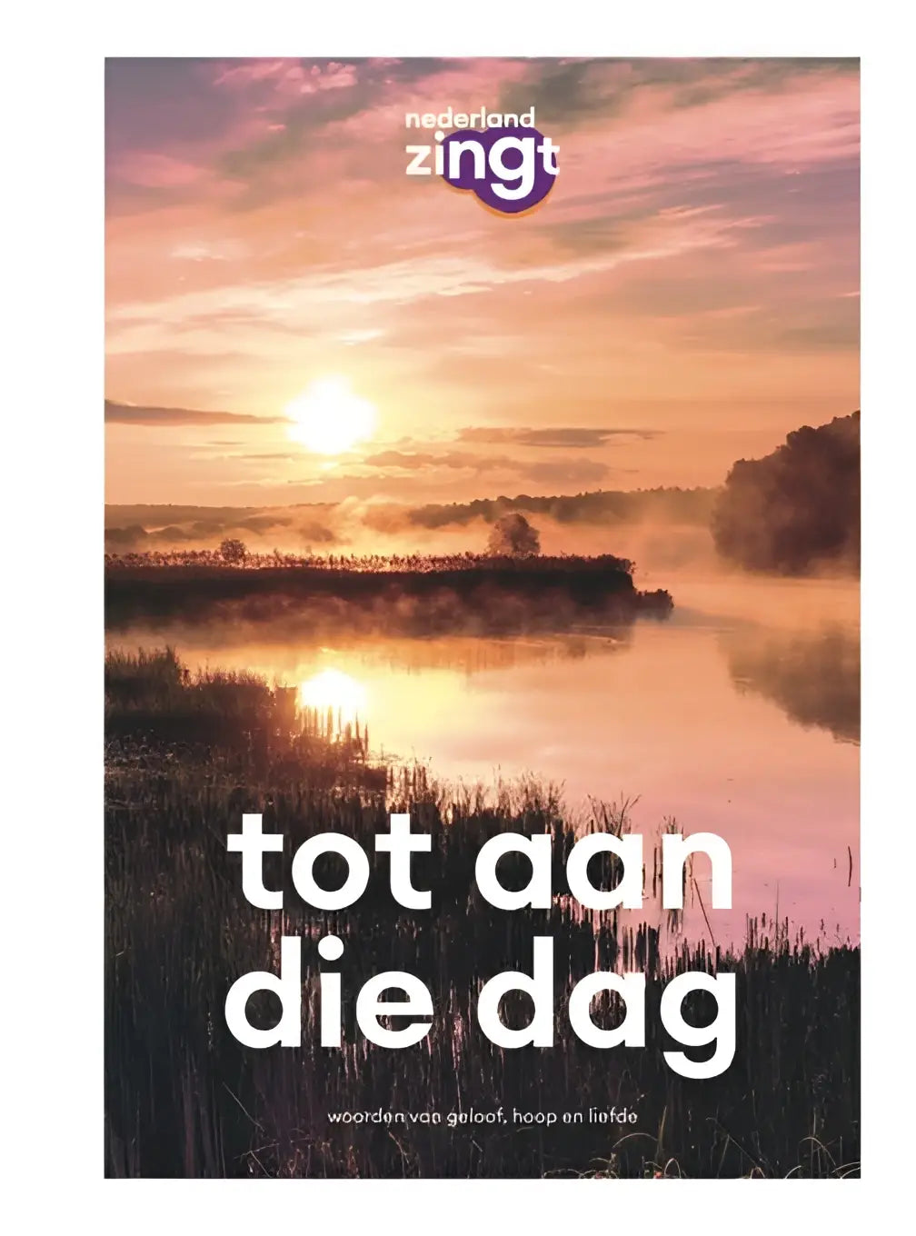 Serene sunrise with soft pink and orange hues over a misty lake on the cover of tot aan die dag woorden van geloof hoop en liefde