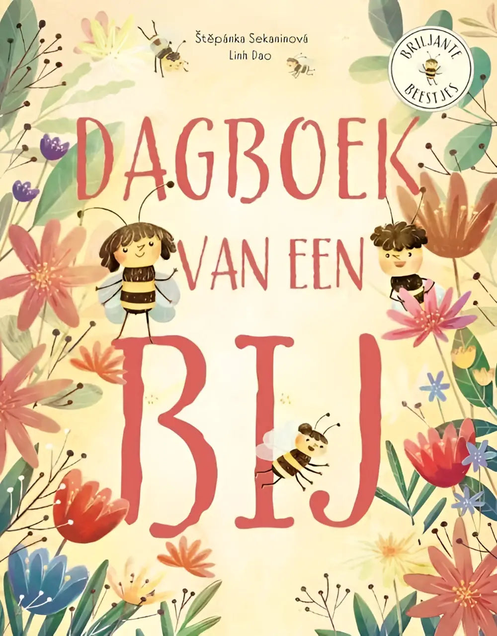 Een charmante kinderboekcover van dagboek van een bij met een illustratie van bijen en bloemen uit serie briljante beestjes