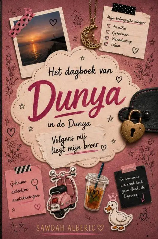 Roze scootersticker met zwarte rand en witte tekst dunya voor het boek volgensmij liegt mijn broer voor jonge lezers