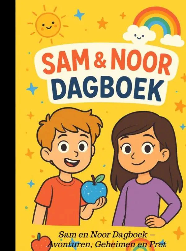 Helder geel noor dagboek voor jonge lezers met sam en noor die een appel vasthouden en een zon met regenboog beleef mee
