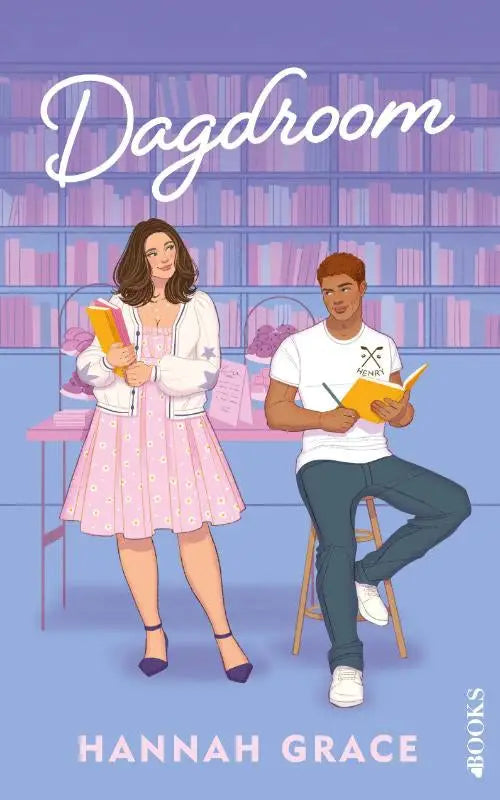 De boekcover van dagdroom door hannah grace toont een geïllustreerde bibliotheekscène met twee personages uit reeks maple hills