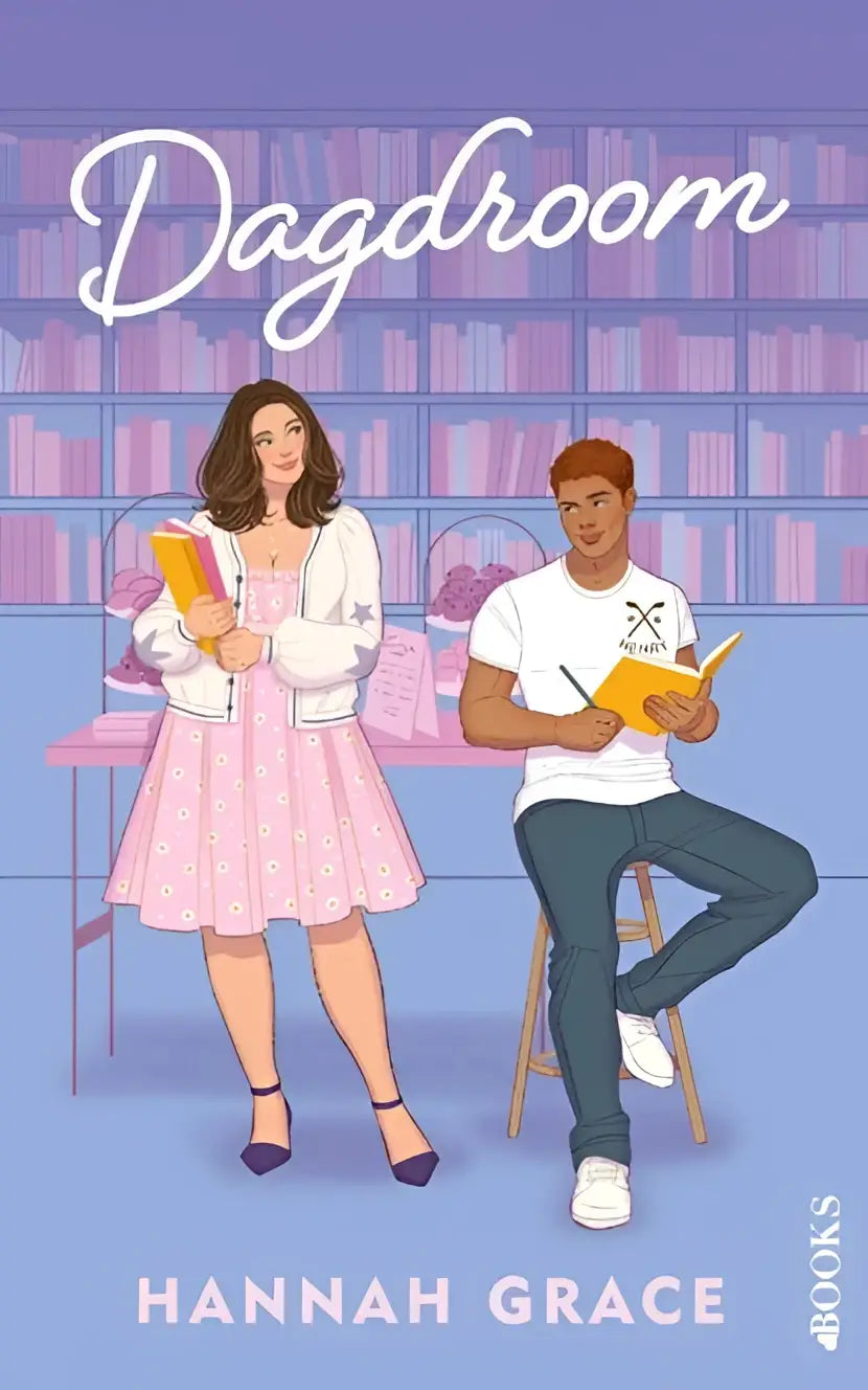 Boekcover van dagdroom uit de maple hills-serie door hannah grace met vrouw in roze jurk en man die leest
