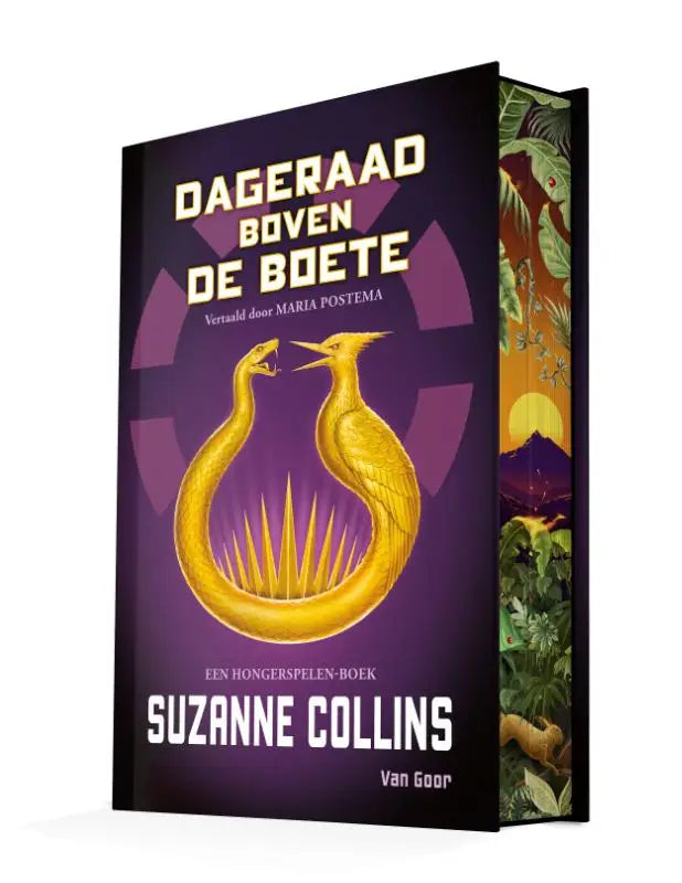 Een hardback boek met een donkerpaarse kaft en gouden illustraties van twee slangen, dageraad boven de boete van suzanne collins