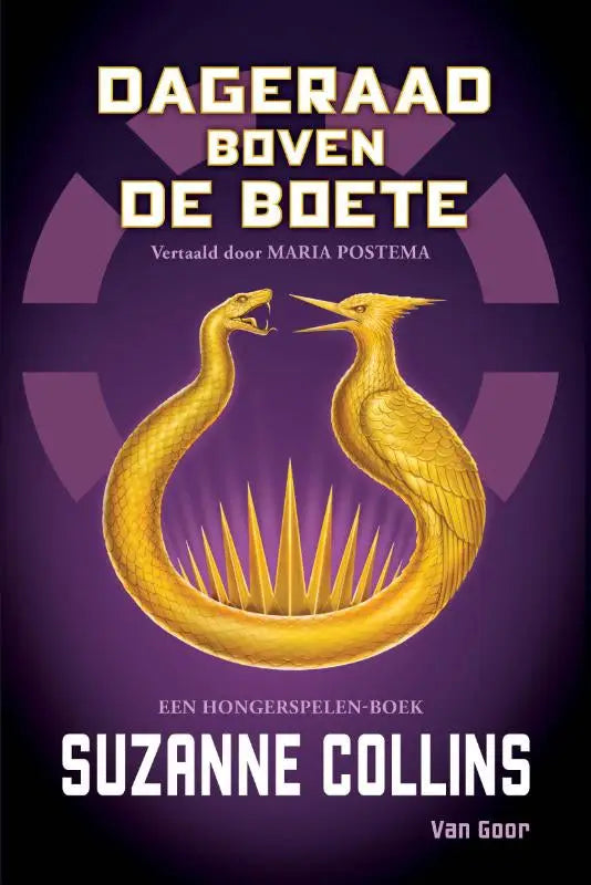 Purple book cover of dageraad boven de boete featuring a golden serpent and bird emblem for suzanne collins fans