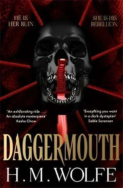 De cover van het boek daggermouth toont een zwarte schedel met rood gloeiende ogen voor een donker hart duology achtergrond