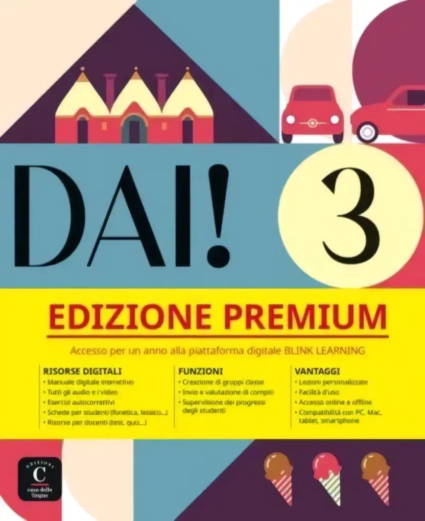De omslag van het dai 3 libro dello studente met essercizi edizione premium toont zwarte tekst op een groene achtergrond