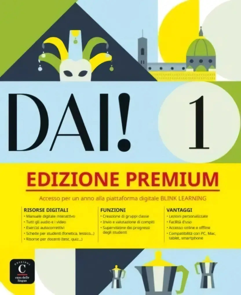 De cover van het libro dello studente dai 1 edizione premium toont een groene en gele maskerillustratie met stadsbeelden en een gele zon